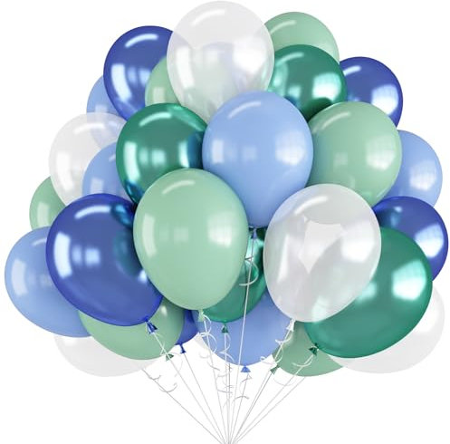 Green Blue White Balloons 60pcs 12inch Ocean Balloons Under the Sea Decorations Shark Whale Theme Kids Birthday Party Pastel Metallic Blue Green Pearl White Helium Latex Balloon DIY Supplies