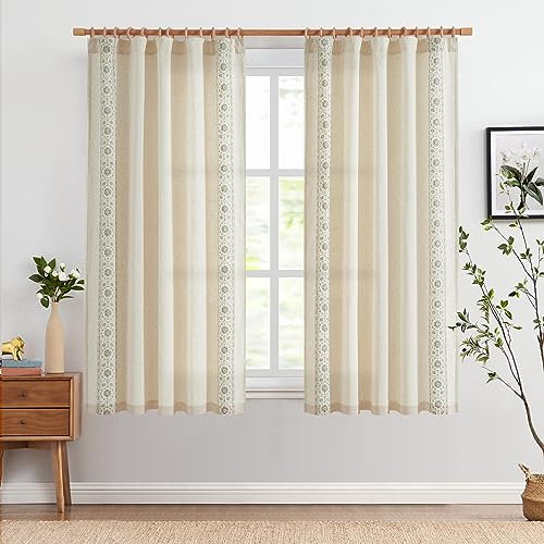 Vangao Leinen Gardinen Vorhänge Stickerei, Vorhang Wohnzimmer Gardine mit Verdeckten Schlaufen Küche Vorhang Boho Vintage Blumen Bauernhaus Schlafzimmer Lichtfilterung 2er Set Grün 140B x 145H(cm)