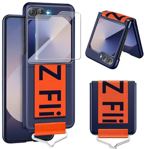 Handyhülle für Samsung Galaxy Z Flip 6 5G Hülle mit Schutzfolie, Dünn Folable Matt Galaxy Z Flip 6 Handy Tasche mit Ring Nylon Strap Handschlaufe Stoßfeste Schutzhülle für Samsung Z Flip6 (Blau)