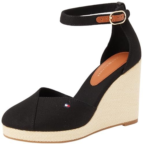 Tommy Hilfiger Damen Wedge Sandalen Flag Closed Toe mit Knöchelriemen, Schwarz (Black), 39