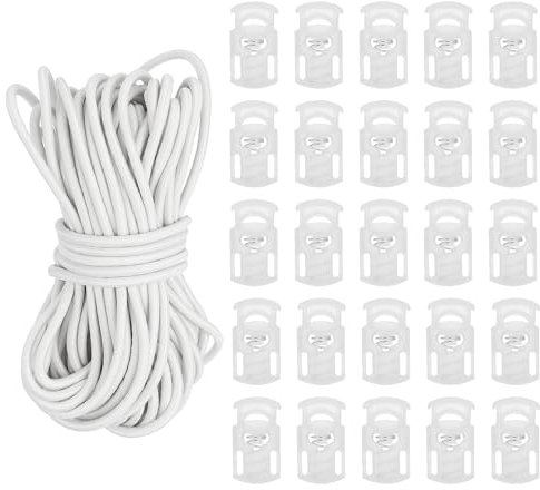PATIKIL 10 Yard Elastic Bungee Cord & Single Hole Cord Lock, 25 Pack Plastic Oval Spring Toggle Stopper for Paracord Drawstring Shoelace Clothing Backpack Bags, Beige