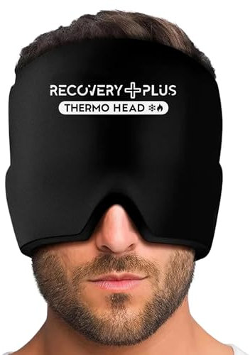 RECOVERY PLUS - Gorro Migraña con Gel Frío y Calor 360° para Alivio de Dolor de Cabeza, Sinusitis, Jaqueca, Bolsas y Ojeras | Antifaz Térmico Ajustable | Incluye Bolsa de Almacenamiento.