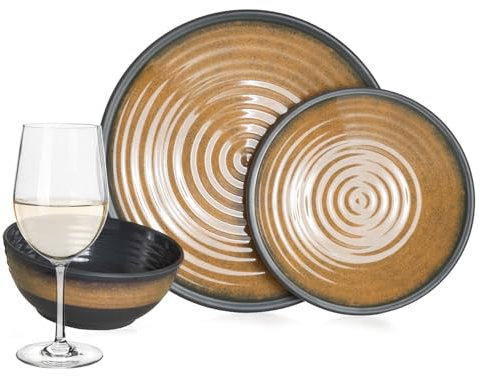 Vaisselle de camping en mélamine pour 4 personnes Stone Curry + 4 verres à vin blanc Timo Service de table pique-nique BBQ Batterie de cuisine