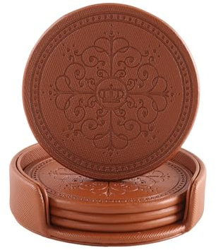 LISRSC Untersetzer-Set, PU-Ledermatte mit Halter, braune, runde Untersetzer für Getränke, Couchtischunterlagen, Geschenke für Zuhause, Bars, Cafés, Partys, Bürodekoration, 4 Stück