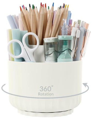 Rotatif Pot a Crayon, Organisateur De Bureau Rotatif à 360° Avec 5 Compartiments, Porte-Crayons Pour Bureau, école, Crayons Et Autres Articles De Papeterie(Blanc Laiteux)