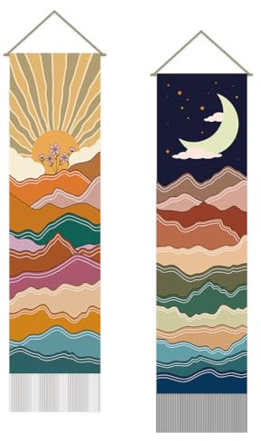 SUPERDANT Wandteppich Mit Mond Sonne Pflanze Sonne Berg WWand Teppich Wall Tapestry Mond Sterne Wanddecke 2 Stück Wandtuch Langer Wandbehang Mit Quaste Für Wohnzimmer Schlafzimmer Wanddekor