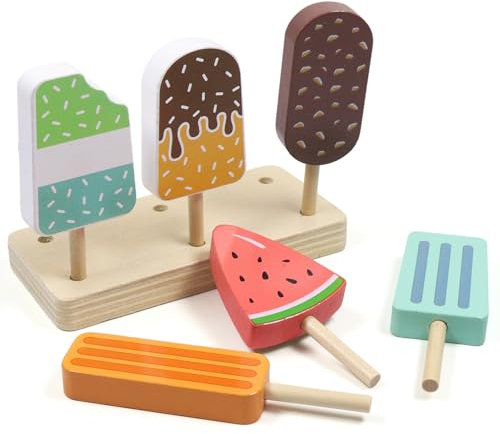 Holz Eisdiele Kinder Holz Spielzeug EIS Spielzeug für Kinder, 6 Sorten EIS Holzspielzeug mit Ständer, Lernspielzeug, Cartoon-Design, für Mädchen Jungen ab 3 Jahren, Kinder Eisdiele-Rollenspiel Spaß