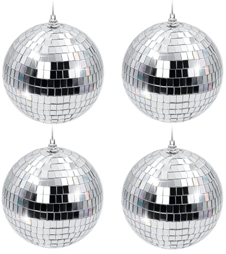 Discokugel 10 cm 4 Stück, Silberne Spiegelkugel-Ornamente zum Aufhängen für Weihnachtsbaum, Party, Hochzeit & Deko