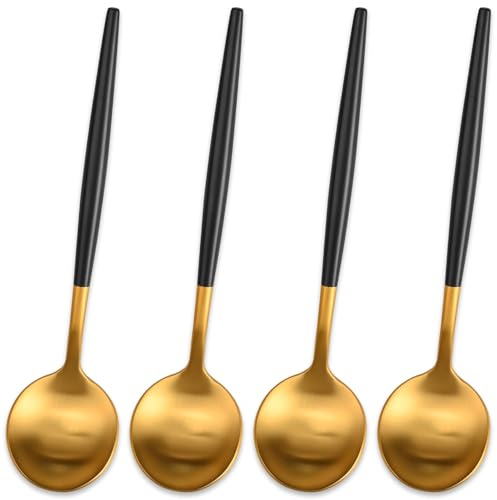 5.1 Inches Matte Gold Coffee&Tea Spoons with Black Handle,Small Gold Demitasse Spoons,Mini Stirring Spoon for Espresso,Set of 4 Cute Small Spoon