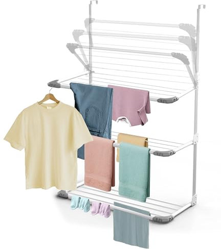 Knight 3-Tier Over The Door Clothes Airer | Foldable Clothes Rail with Corner Spaces for Hangers | Sturdy Hanging Washing Laundry Airer | Indoor Clothes Drying Rack for Small Spaces (White)