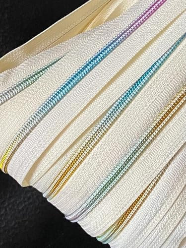 Reißverschluss endlos Spirale Regenbogen 5mm Meterware mit Zipper (Creme, 5m + 10 Zipper)