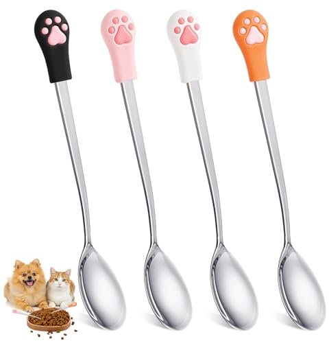 Oruola 4pcs Cat Spoon,Pet Food Scoop,Cat Spoon for Wet Foods,Dog Food Fork with 5.9 in Long Handle,Stainless Steel Cute Silicone Cats Claw Mixing Spoons for Dogs and Cats Foods Can(4 Colors)