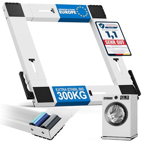 Sheflajor Waschmaschinen Untergestell mit Rollen & Bremse – verstellbar 37–67 cm – 300 kg Traglast – Transportroller mit Vibrationsdämpfung für Waschmaschine, Trockner & Kühlschrank