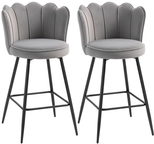 HOMCOM Bar Stools Set of 2 Modern Velvet, Petal Backrest, Footrest, Grey | Barstools, Modern Upholstered Breakfast Bar Chairs, Metal Legs, for Kitchen Island Counter, Dining Room