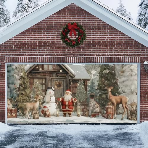 Outdoor Garagentor Weihnachtsdekoration Große Winter Weihnachtsmann Garagentor Abdeckung 2.1 x 4.9 m ländliches Bauernhaus Garage Partner Weihnachtsdekoration geeignet für Wände, Fenster, Terrassen