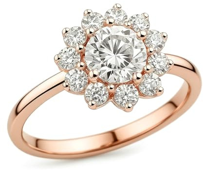 Stfery Partnerringe Rotgold 9 Karat Echtgold Schmuck für Damen, Blumen Ring mit Moissanit Au375 Gr.58 (18.5)