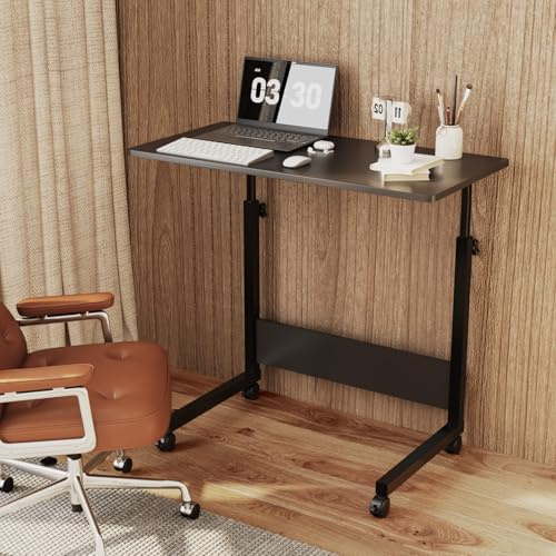 Bonnlo Side Mobile Table, Rolling Laptop Table 80x40cm, Height Adjustable | Computer Desk with Locking Wheels & Edge Stopper, Portable Workstation for Bedroom Living Room Office (Black)