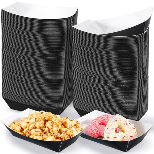 ausurme 50 Pcs Paper Food Boats 3 lb Black | Disposable Nacho Trays Heavy Duty Food Trays Water Grease Resistant Paper Boat, for Party Snack Fries Hot Dog BBQ Picnics