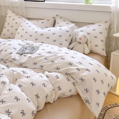 Bettwäsche 155x220 Baumwolle Weiß Schwarz Schleifen und Kissenbezug 80x80cm | Baumwollbettwäsche Set, Mädchen, Kawaii Schwarz Schleifenmuster, Aesthetic, ÖKO-TEX, Weich Bettwäsche-Sets mit Reißverschluss
