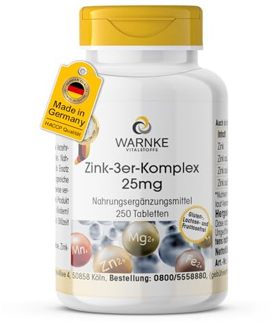 Zink 3er Komplex 25mg - 250 Tabletten - schluckfreundlich - 25mg pro Tablette - HOCHDOSIERT - Deutsche Apothekenqualität - vegan | Warnke Vitalstoffe