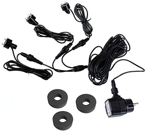 Arnusa 3er Set LED Quellsteinbeleuchtung 12V AC IP44 – Springbrunnen & Gartenbrunnen Beleuchtung mit 10 m Kabel 30 mm LED Quellstein Spots inkl. 1/2 & 3/4 Schlauchanschluss (Warmweiß)