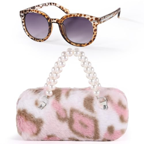 BTHRORO Occhiali da Sole Bambina con Portaocchiali Astuccio Rigido, Occhiali da Sole Retrò Protezione UV per Bambino Astuccio in Peluche con Manico a Perline Regalo Ragazza 3-8 Anni
