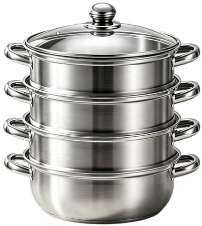 Dampfgarer zum Kochen, Edelstahl-Dampfgarer mit Dämpfeinsatz | 4-stöckiges 28cm Kochgeschirr mit Deckel zum Garen von Gemüse, Meeresfrüchten, Suppen, Eintöpfen und Pasta