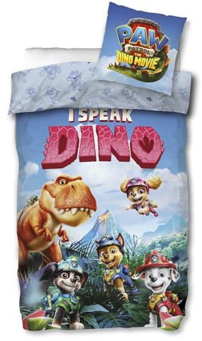 PAW Patrol The Dino Movie Wende-Bettwäsche-Set Kinder 135x200 80x80 | 100% Baumwolle, Bettbezug 135x200, Kissenbezug 80x80, Kinofilm, NEU