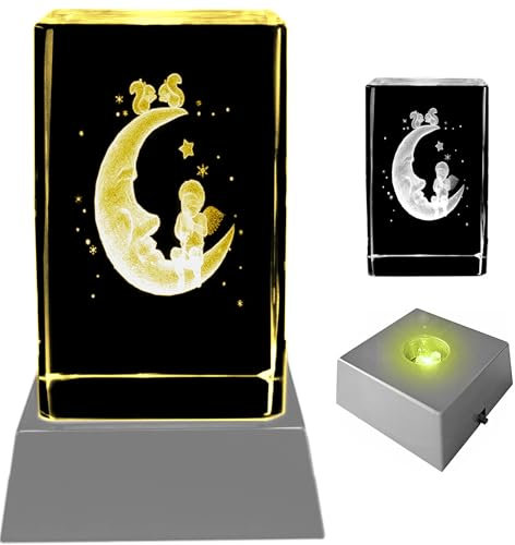 Kaltner Präsente Stimmungslicht - Das perfekte Geschenk: LED Kerze/Kristall Glasblock / 3D-Laser-Gravur Engel im Mond/Romantik/Weihnachten/Nachtlicht
