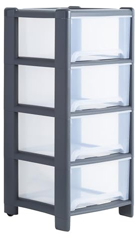Wham 1x Deep (4 x 20L) A4 Drawers Plastic Storage Tower Unit Storage Organisation, Home Office Desktop Paper Stationary Files (Graphite/Clear, 4 Drawer)