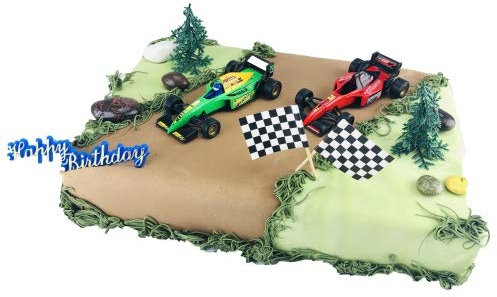 Cake Company Tortendekoration Rennwagen mit Zielflaggen | Tortendeko Kindergeburtstag und Geburtstag | Motivtorte Rennwagen