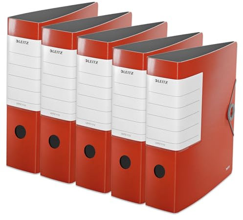 Leitz Qualitäts-Ordner 180° Solid, 5er Pack, A4, Hellrot, 8,2 cm Rückenbreite, Gummibandverschluss, Robustes Polyfoam, extra breites, austauschbares Rückenschild, 11120020, 82mm