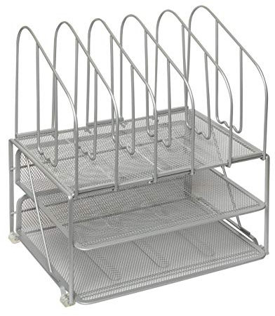 Amtido Mesh Schreibtisch-Organizer mit Ablage & 5 Fächern - Ablage für Ordner, Dokumente, Papier & Briefe - Schreibtischzubehör für Zuhause & Büro - REgal für Bürobedarf - Silber