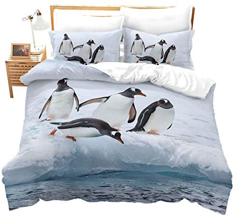 Loussiesd Pinguin Muster 2 Teilig 155x220 cm Bettwäsche Set Schnee Antarktis Microfaser Bettbezug Set für Jungen Mädchen Süß Warm Betten Set mit Reißverschluss und 1 Kissenbezug 80x80 cm