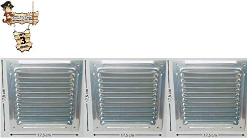 BricoLoco Lote 3 uds. Rejilla de ventilación metálica plana de aluminio natural. Pared o techo. (17,5x17,5 cm)