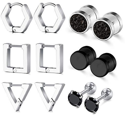 Rajnard 6 Paar Männer OhrringOhrstecker Ohrring für Männer Frauen Edelstahl Creolen Huggie Piercing CZ Ohrringe Fake Plug Silber und Schwarz Farbe
