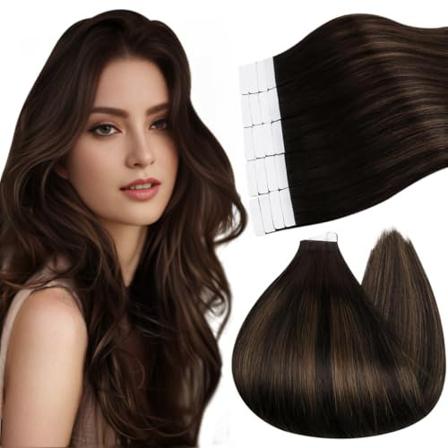 Ugeat Invisible Tape Extensions Echthaar 50 cm Balayage Braun Natürlich Haarverlängerung Echthaar Tape in Extensions Dunkelbraun für Mädchen 50G 20 Stück #2/6/2