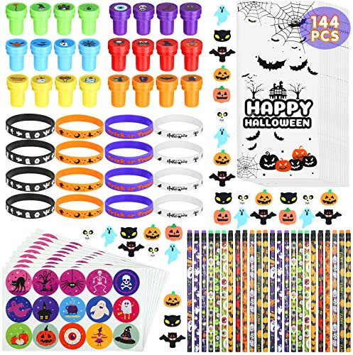 Kesote Halloween Deko Kinder Party Mitgebsel Kindergeburtstag Dekoration 144 TLG Dekoartikel Stempel Kinder Halloween Süßigkeiten Tüten Radiergummis Bleistifte Sticker Zubehör Junge Mädchen