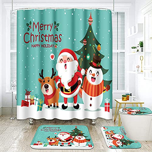 ArtSocket 4-teiliges Duschvorhang-Set im Vintage-Stil, Weihnachtsmann-Elfe mit rutschfesten Teppichen, WC-Deckelbezug und Badematte, Badezimmer-Dekor-Set, 183 x 183 cm