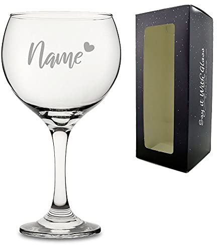 Personalised Engraved Gin Balloon Cocktail Glass with Name and Heart Design, Gift Boxed, Personalise with Any Name