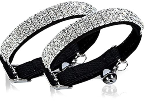 CHUKCHI Katzenhalsband aus weichem Samt, verstellbar, mit Glitzersteinen und Glöckchen, 27,9 cm, für kleine Hunde und Katzen, Schwarz, 2 Stück