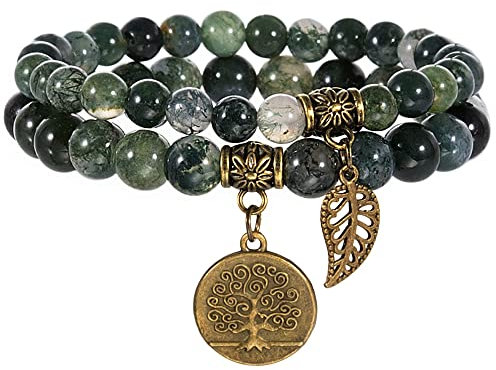 Farfume Chakra Armband Echte Steine, Echte Steine-Edelsteine Armband fur Damen (Moosachat und Baum des Lebens)