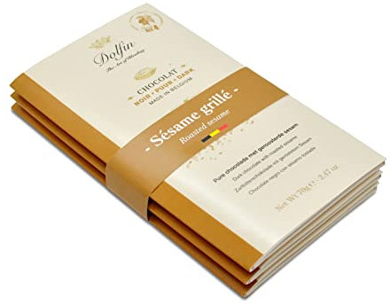 Dolfin Chocolat au Sésame Grillé - Tablette Chocolat Belge Décadent, Goût de Graines Grillées & Croquantes - Confiseries de Qualité, Idée Cadeau - Fait en Belgique, 210g, Lot de 3
