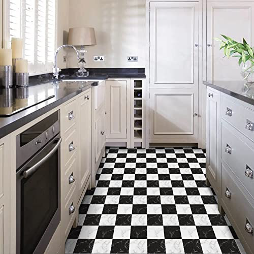 Alwayspon Carreaux de sol en vinyle, imperméable et antidérapant, revêtement de sol en vinyle PVC épais, autocollant à décoller et à coller, 30 x 30 cm, marbre noir et blanc