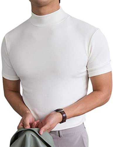 Mens T Shirt Short Sleeve Basic Mock Turtleneck Casual Slim Fit Undershirt Pullover Thermal Solid Tops Christmas Birthday Gifts, White L