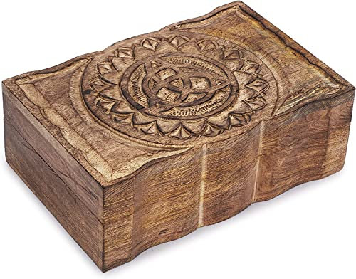 Ajuny Handgeschnitzte Dekorative Schmuck Aufbewahrungsbox aus Holz mit Dreifaltigkeitsknoten Schnitzereien Mehrzweck Schmuckhalter Andenken Reise Schatztruhe Tolle Geschenke, 9x6 Zoll