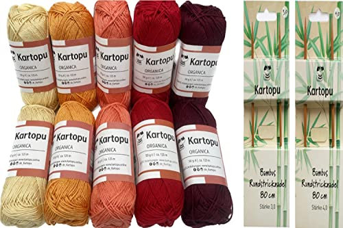 Baumwollgarn Häkelgarn – Farbsets zur Auswahl- Strickgarn aus 100% Ökotexzertifizierte Baumwolle - zum Stricken und Häkeln -10x50gr + 2 hochwertige Bambus Rundstricknadel 80cm 3,0 +4,0 mm- Set (06)