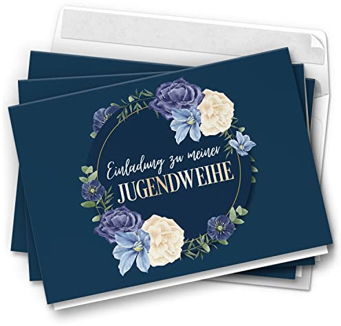 10 moderne Jugendweihe Einladungskarten - Motiv Flowers on Petrol - Design Klappkarten Einladung Karten mit Umschlag