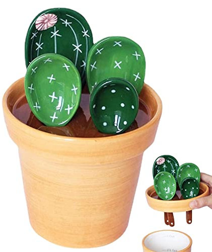 Anloximt Set di cucchiai dosatori per Cactus,4 cucchiai dosatori in Ceramica con Base - Simpatici cucchiai dosatori per Cactus e 1 Tazza per Cottura, Sale, Zucchero, condimenti, caffè