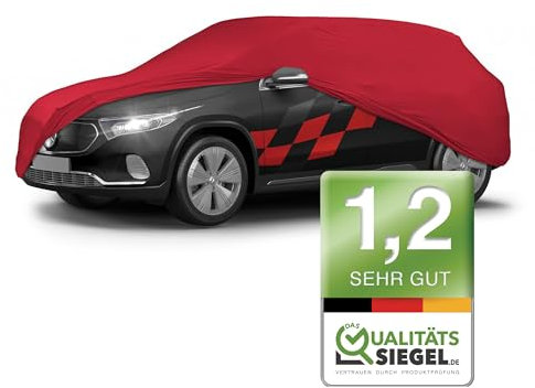 WALSER Premium Abdeckung Auto Indoor Stretch Plus Qualitätssieger Sehr Gut* Autoabdeckung Winter Autogarage Abdeckung Autoplane Winter Autogarage Abdeckung Winter Auto Abdeckplane SUV/Van Größe 8 rot